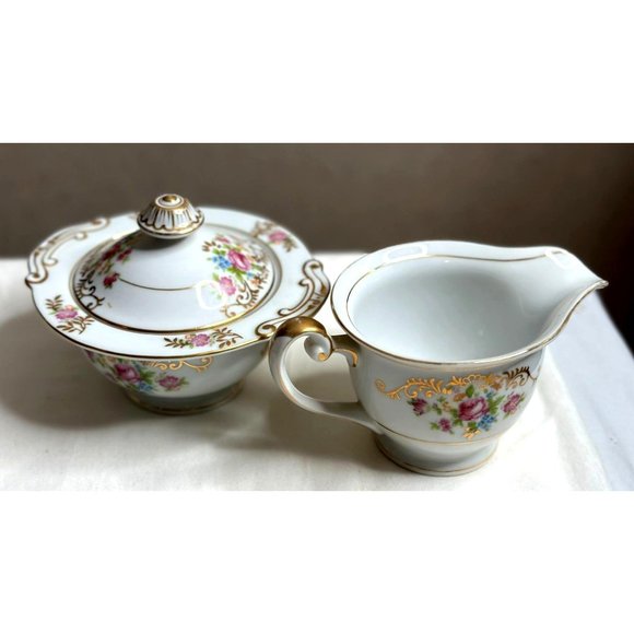 Maruichi Sugar Bowl Creamer Server China Set 40s Pink Roses Gold Discontinued - Picture 2 of 16